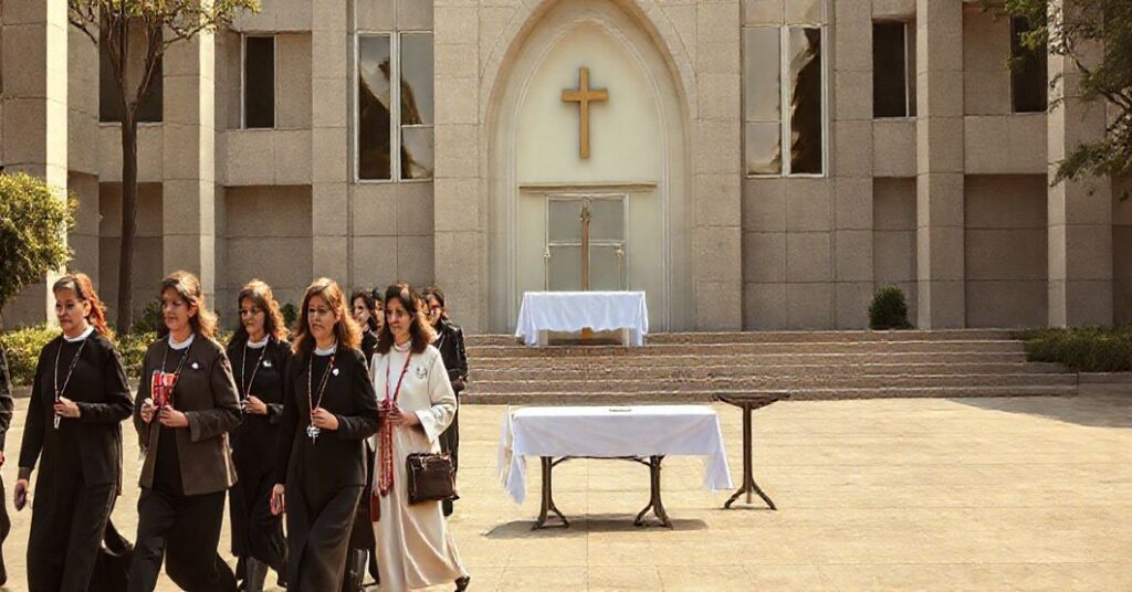 Grupa nauczycieli i katechetów idąca w procesji, symbolizująca pustkę duchową i odwrócenie się od wiary.