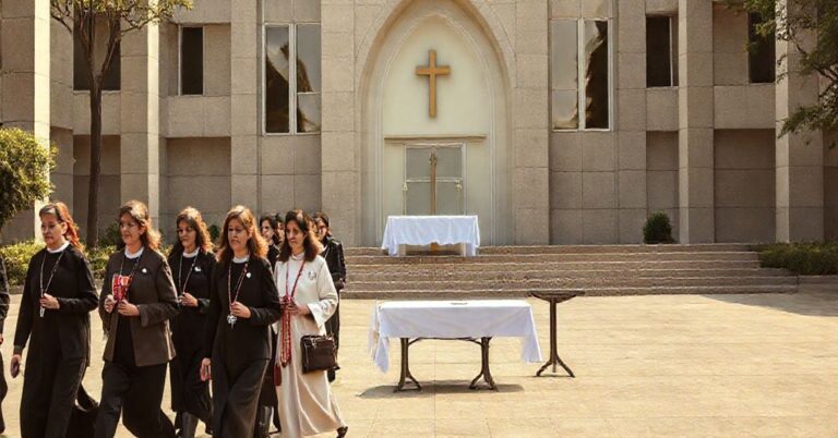 Grupa nauczycieli i katechetów idąca w procesji, symbolizująca pustkę duchową i odwrócenie się od wiary.