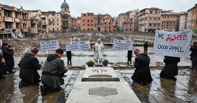 Grupa neo-katolików z Bodzanowa modli się przy grobie heretyckiego antypapieża Jana Pawła II w Rzymie na tle zniszczeń powodzianych.