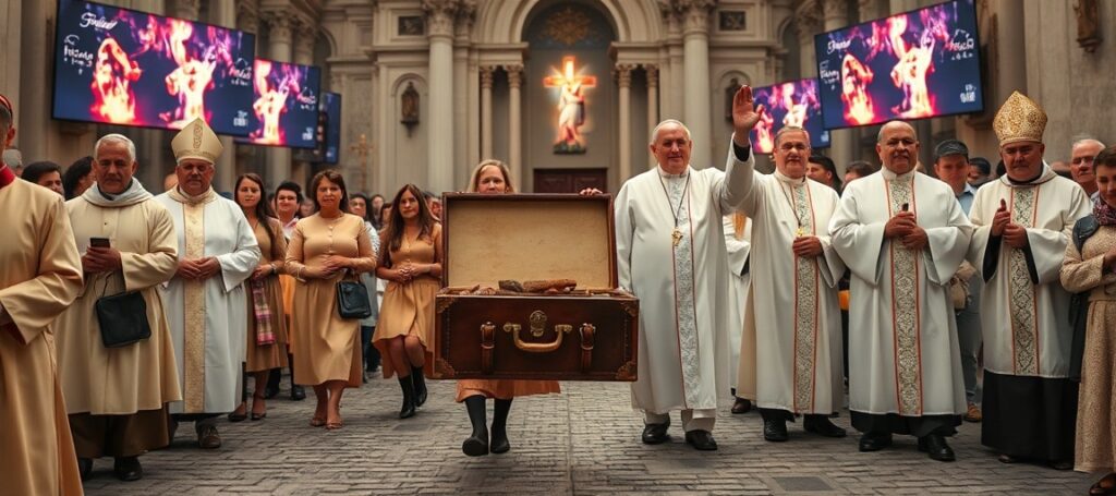 Pielgrzymka o powołania z Wiednia do Rzymu: procesja młodych w strojach religijnych niosących walizkę-relikwiarz z relikwiami św. Stanisława Kostki i „błogosławionego” Karola Acutisa pod przewodnictwem modernistycznych duchownych takich jak biskup Szymon Stułkowski i „abp” Andrzej Przybylski. Uroczyste błogosławieństwo „kardynała” Josefa Grünwidla w tle kościoła Dziewięciu Chórów Anielskich.