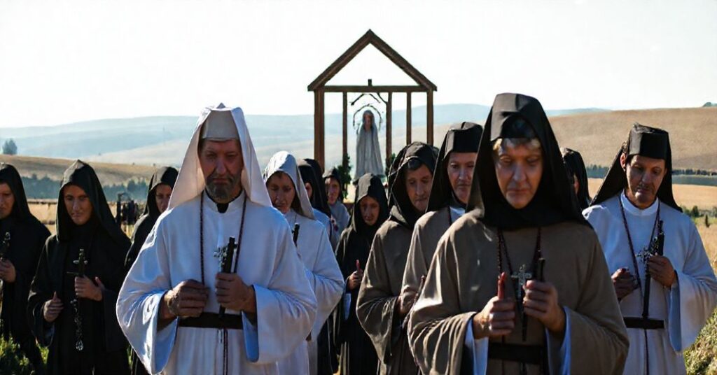 Tradycyjna pielgrzymka katolicka do sanktuarium w Osuchowej, z wiernymi modlącymi się przy kaplicy Matki Boskiej.