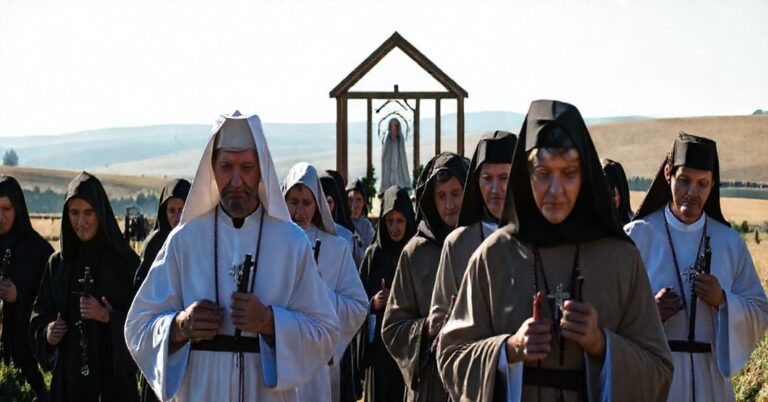 Tradycyjna pielgrzymka katolicka do sanktuarium w Osuchowej, z wiernymi modlącymi się przy kaplicy Matki Boskiej.