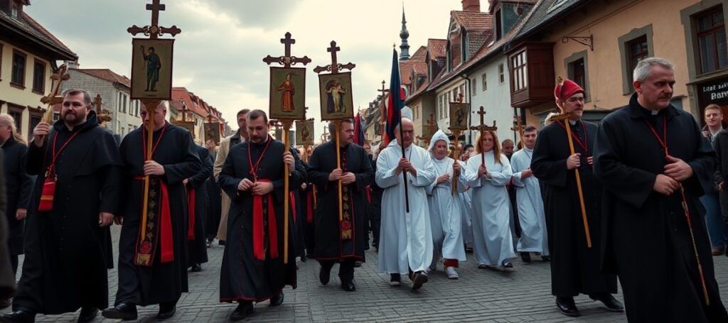 Grupa mężczyzn i młodzież w tradycyjnych katolickich strojach podczas procesji w Kalwarii Piekarskiej.