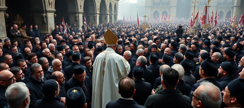 Duża grupa pielgrzymów w sanktuarium w Piekarach Śląskich podczas uroczystości z udziałem Leonem XIV i abp. Andrzejem Przybylskim