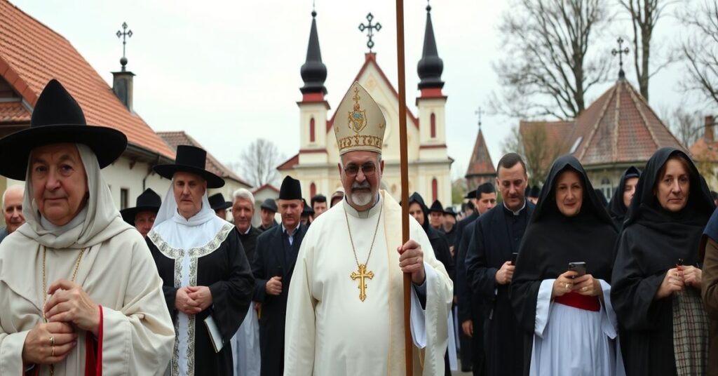 Tradycyjna pielgrzymka pokutna w Kalwarii Zebrzydowskiej z grupą wierzących w strojach tradycyjnych.