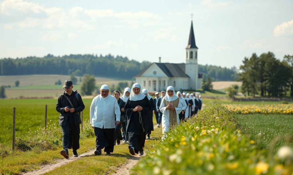 Grupa młodych katolików w procesji modlitewnej pod przewodnictwem biskupa Adriana Puta w Gościkowie-Paradyżu