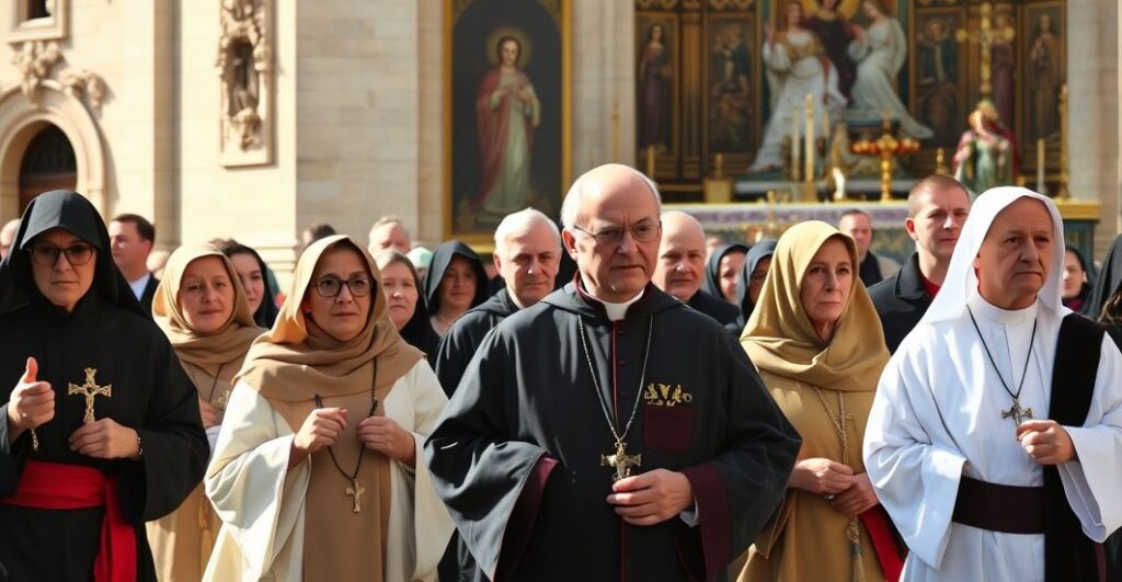 Pielgrzymka katolicka z tradycyjnymi elementami, ale z modernistycznymi odchyleniami, ukazujące duchową dezorientację.