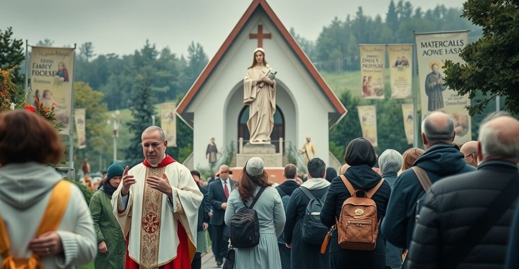 Pielgrzymka do Prostyni: grupa rodzin i zakonników idących Drogi Krzyżową, z nieprawidłowym kultem św. Anny i modernistyczną Mszą św. w tle