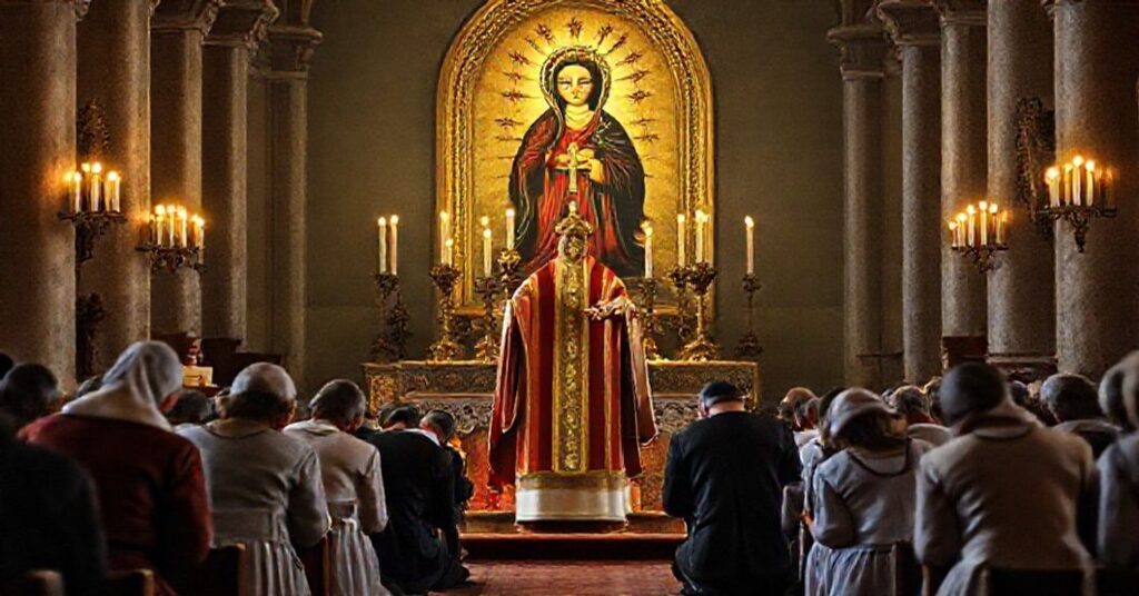 Tradycyjny ksiądz w liturgicznych szatach stoi u ołtarza na Jasnej Górze otoczony pszczelarami modlącymi się na kolanach. Scena jest pełna powagi z złotym światłem świec oświetlającym święte miejsce.