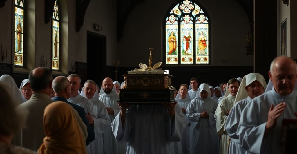 Pielgrzymka relikwii rodziny Ulma w parafii koło obozu zagłady w Treblince, przedstawiająca wiernych w tradycyjnym katolickim nabożeństwie.