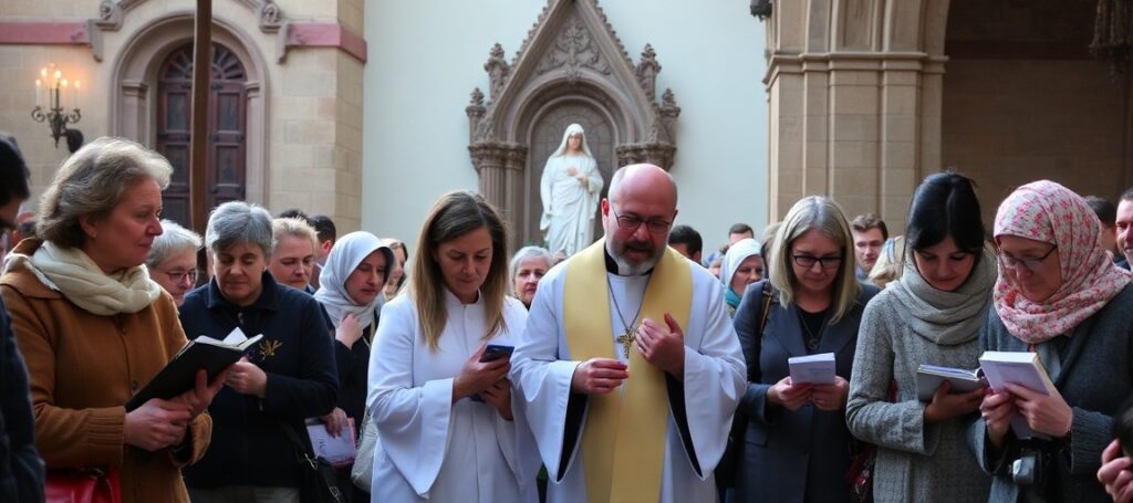 Grupa rodziców i rodzin w żałobie uczestniczy w uroczystej procesji w Sanktuarium Bożego Miłosierdzia w Krakowie-Łagiewnikach pod przewodnictwem ks. dr Franciszka Ślusarczyka. Scena jest wypełniona pobożną modlitwą i poważnym aktem wpisywania imion utraconych dzieci do Księgi Dzieci Utraconych.