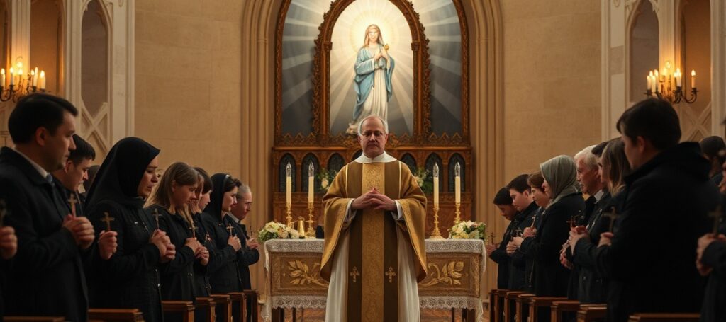 Grupa rodzin w żałobie podczas pielgrzymki w Łagiewnikach z ks. Franciszkiem Ślusarczykiem przed ołtarzem