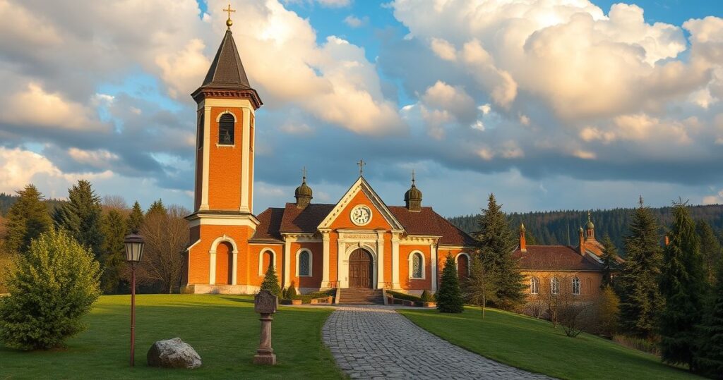 Fotorealistyczny obraz wiernych katolickich na pielgrzymce rowerowej do Jasnej Góry, modlących się przed obrazem Matki Bożej, w tradycyjnym stroju, z kapłanem w sutannie, ukazujący oddanie i pokorę wobec sakramentu i wiary.