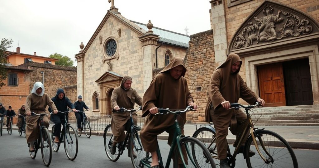 Fotografia realistycznych pielgrzymów katolickich na rowerach, modlących się przed starym kościołem, ukazująca głęboką religijność i tradycyjną pobożność