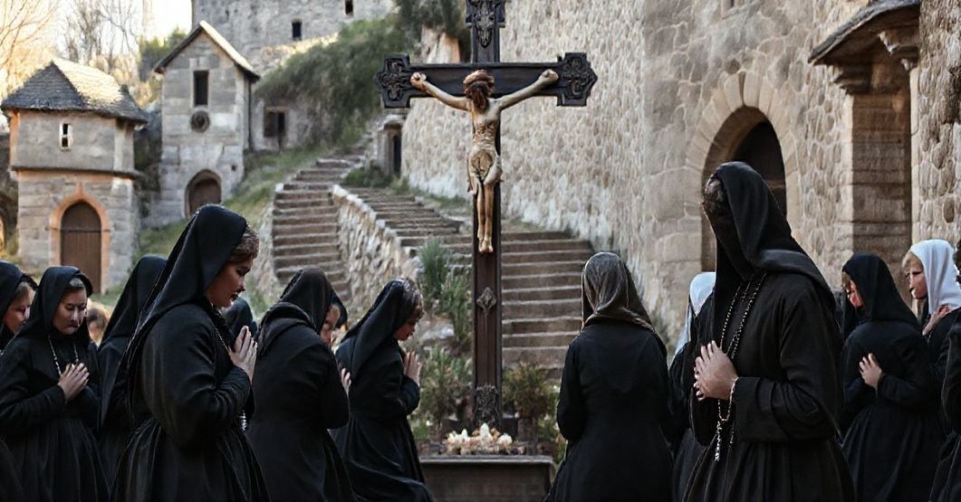Grupa katolików modlących się rózaniec w Kalwarii Pacławskiej przed krzyżem, symbolizującą tradycyjną pobożność i głęboką wiarę.