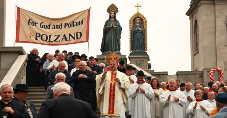Pielgrzymi tradycyjni wspinają się na Jasną Górę z Najświętszym Sakramentem w procesji, podczas gdy nowoczesne elementy religijne kontrastują z autentyczną pobożnością.