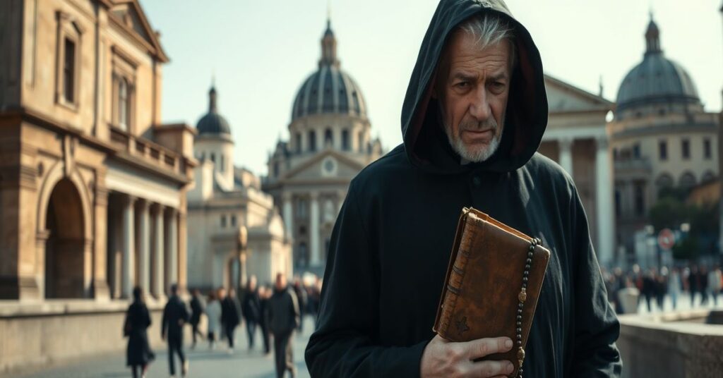 Obraz przedstawia tradycyjną pielgrzymkę do Rzymu, ukazując samotnego pielgrzyma przy historycznych kościołach i katakumbach. Scena jest poważna i refleksyjna, podkreślająca autentyczną naturę pielgrzymki w odróżnieniu od modernistycznych interpretacji.