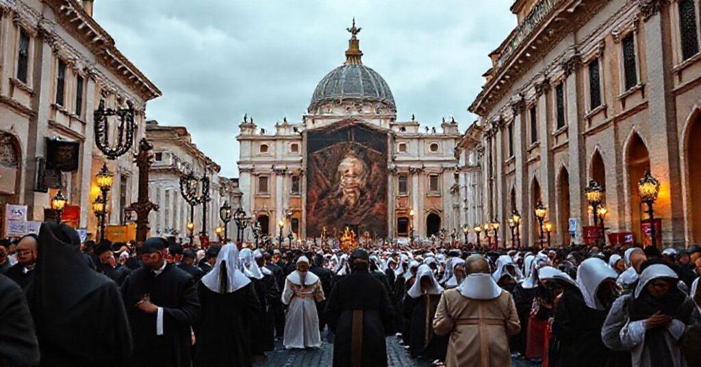 Pielgrzymka katolicka w Rzymie z portretem Jana Pawła II w tle, wyrażająca żałobę nad zniszczeniem wiary przez modernistyczny reżim