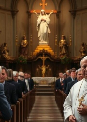 Pielgrzymka samorządowa na Jasnej Górze - piękna forma bez prawdziwej wiary Obraz przedstawiający uroczystą pielgrzymkę samorządową na Jasną Górę w 2026 roku z udziałem bp. Andrzeja Jeża i innych dostojników. Scena jest poważna i formalna, ale przenika ją subtelny smutek i pustka duchowa.