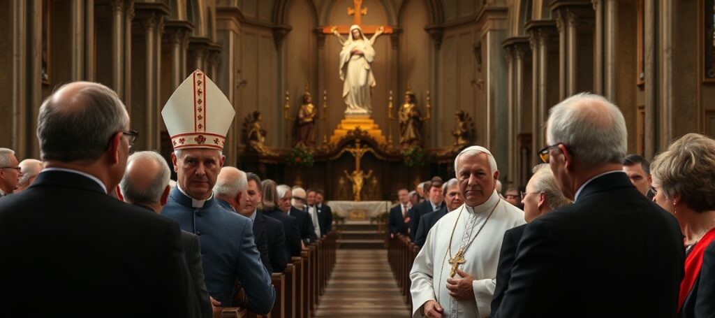 Obraz przedstawiający uroczystą pielgrzymkę samorządową na Jasną Górę w 2026 roku z udziałem bp. Andrzeja Jeża i innych dostojników. Scena jest poważna i formalna, ale przenika ją subtelny smutek i pustka duchowa.