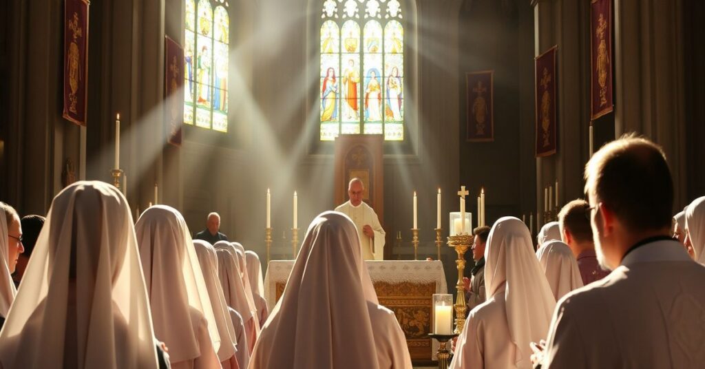 Grupa sióstr zakonnych w tradycyjnych habitach modli się w Narodowym Sanktuarium św. Józefa w Kaliszu podczas uroczystej mszy św. celebrowanej przez biskupa Łukasza Buzuna.