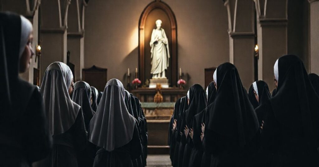 Grupa sióstr franciszkanek w tradycyjnych habitach modli się przed posągiem św. Józefa w sanktuarium w Kaliszu, z atmosferą głębokiej pobożności i tradycyjnego katolicyzmu.