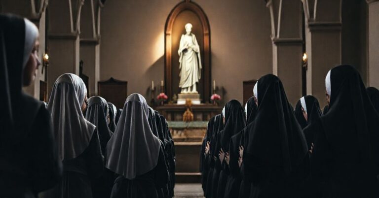 Grupa sióstr franciszkanek w tradycyjnych habitach modli się przed posągiem św. Józefa w sanktuarium w Kaliszu, z atmosferą głębokiej pobożności i tradycyjnego katolicyzmu.