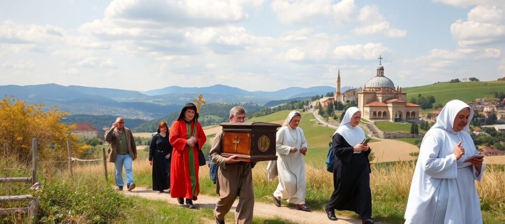 Grupa pielgrzymów w tradycyjnych strojach katolickich idących szlakiem św. Stanisława Kostki z Wiednia do Rzymu z relikwiami i różańcem.
