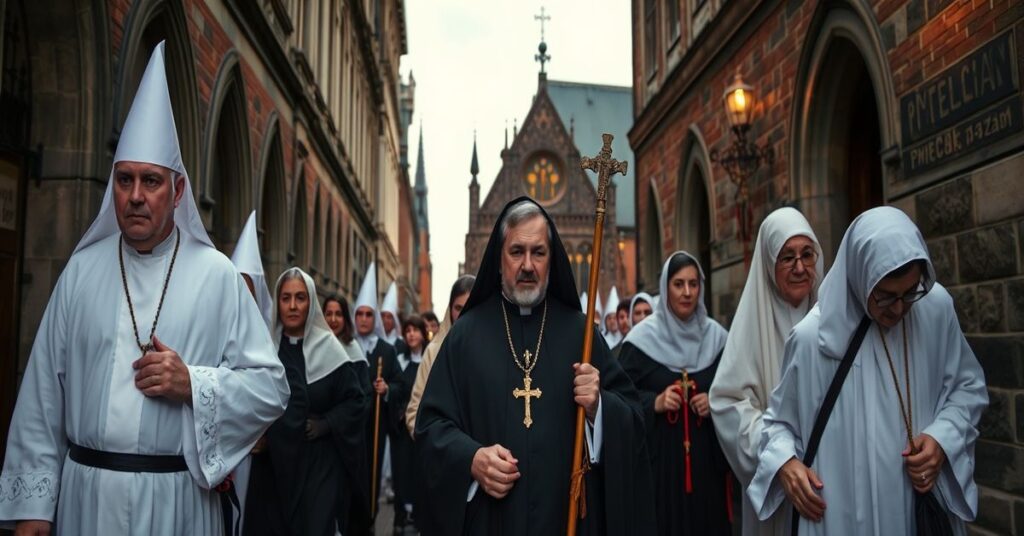 Tradycyjna pielgrzymka stacyjna w Gdańsku - wierni idący między kościołami w tradycyjnych strojach