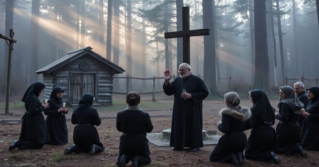 Grupa tradycyjnych pielgrzymów modli się przed krzyżem św. Wojciecha w Tenkitach na obwodzie królewieckim
