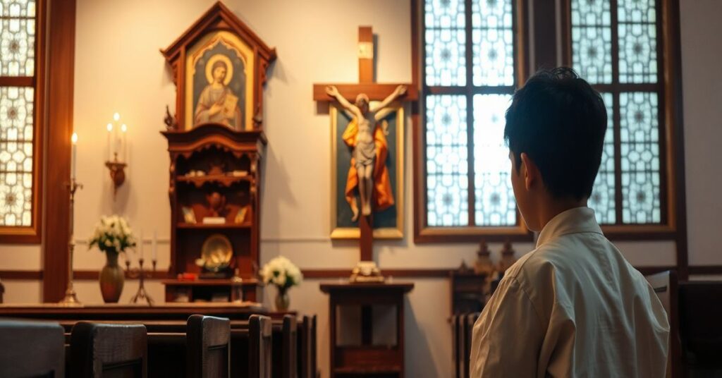 Młodzieżowy pielgrzym modlący się przed krzyżem i ikoną Salus Populi Romani w kościele w Korei.