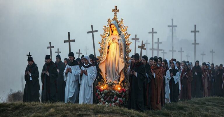 Pielgrzymka katolicka z rześytym wizerunkiem Serca Niepokalanego Maryi Panny, otoczona wiernymi w tradycyjnych strojach i księżmi w sutannach. Scena na wzgórzu z krzyżami i dzwonnicą na tle.