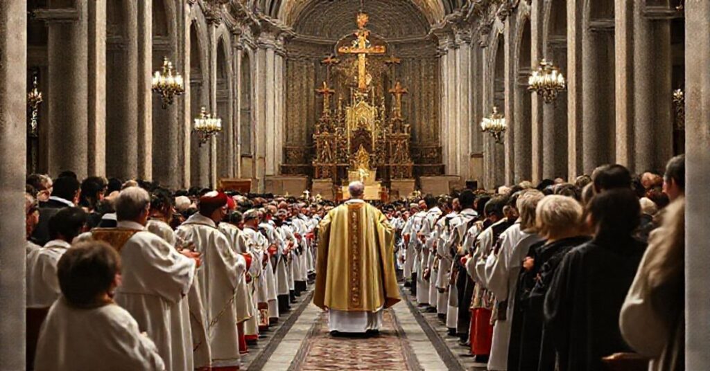 Scena mszy św. w tradycyjnym obrządku łacińskim z elementami profanacji i niegodziwości