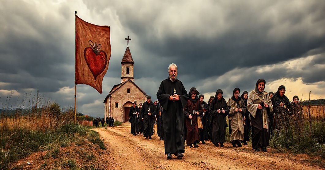 Smętna tradycyjna pielgrzymka katolicka w Terliczce, Polska. Powiędłe pielgrzymy idą po pyłnej drodze pod burzliwym niebem. Na czele stoi stary ksiądz w sutannie z krzyżem. Na tle stoi skromny kościół z prostym krzyżem na wieży.