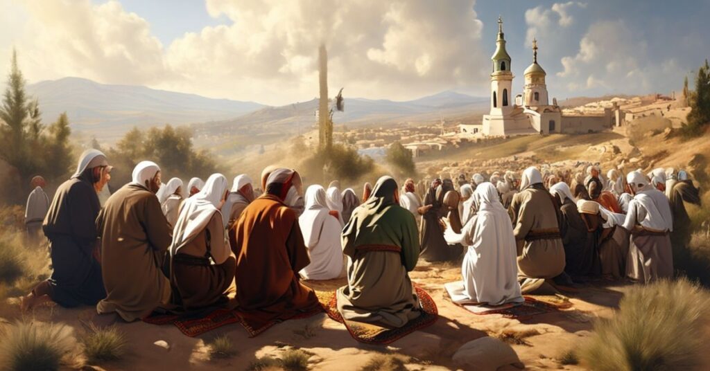 Grupa pielgrzymów w tradycyjnych katolickich strojach modli się przed Kościołem Grobu Świętego na Ziemi Świętej.