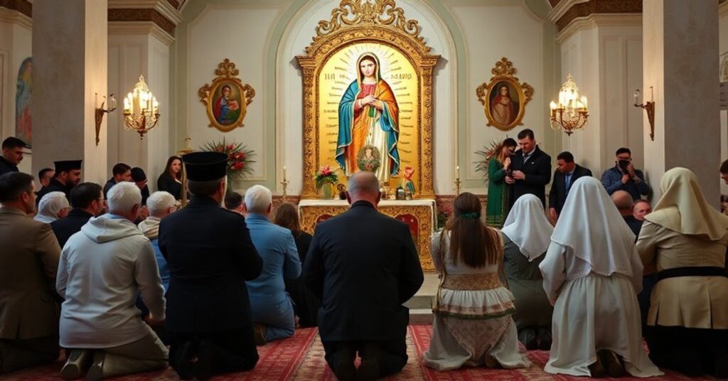 Grupka tradycyjnych pielgrzymów modlących się przed obrazem Matki Bożej w Jasnej Górze z włoskimi habitami i księżymi w tradycyjnych szatach. Tło tworzą stare kamienne budynki i drzewa.