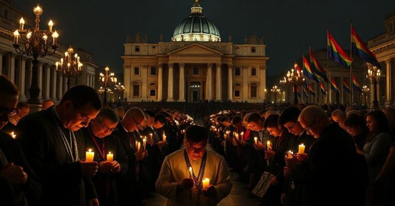 Pielgrzymka katolików tradycyjnych modlących się różańcem przed zamkniętą bazyliką św. Piotra w ciemności Watykanu.