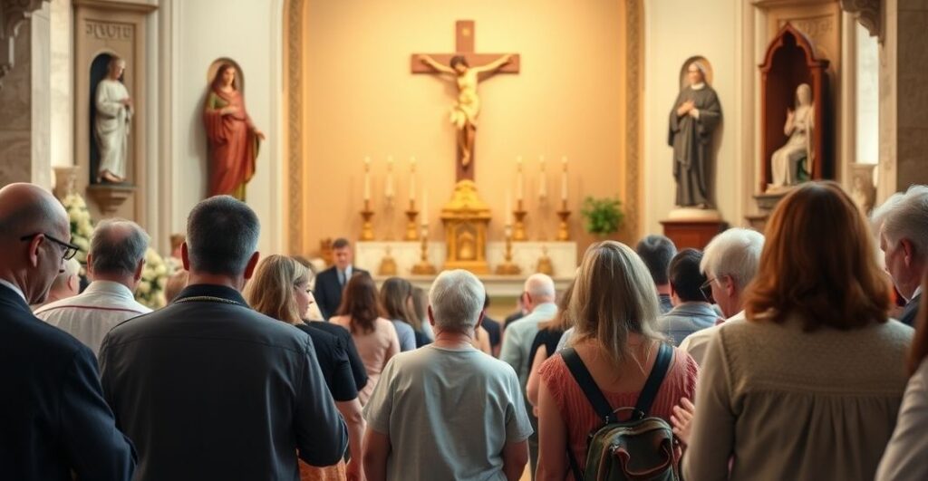 Grupa rodzin i małżeństw modląca się w tradycyjnym katolickim sanktuarium, otoczona elementami wiary i pobożności.