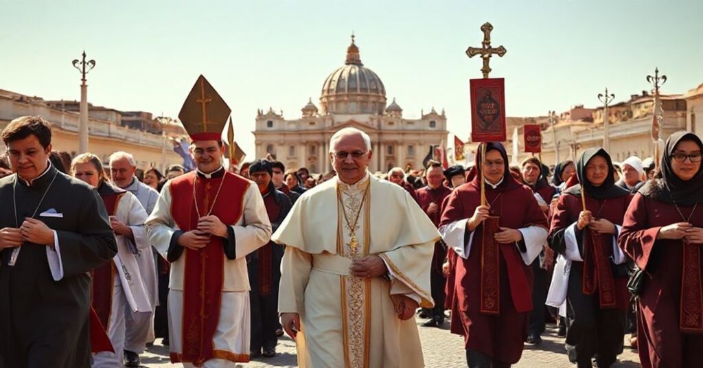 Pielgrzymka katolicka w Rzymie - grupa ludzi podążająca do Watykanu z symbolami religijnymi.