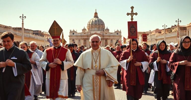 Pielgrzymka katolicka w Rzymie - grupa ludzi podążająca do Watykanu z symbolami religijnymi.