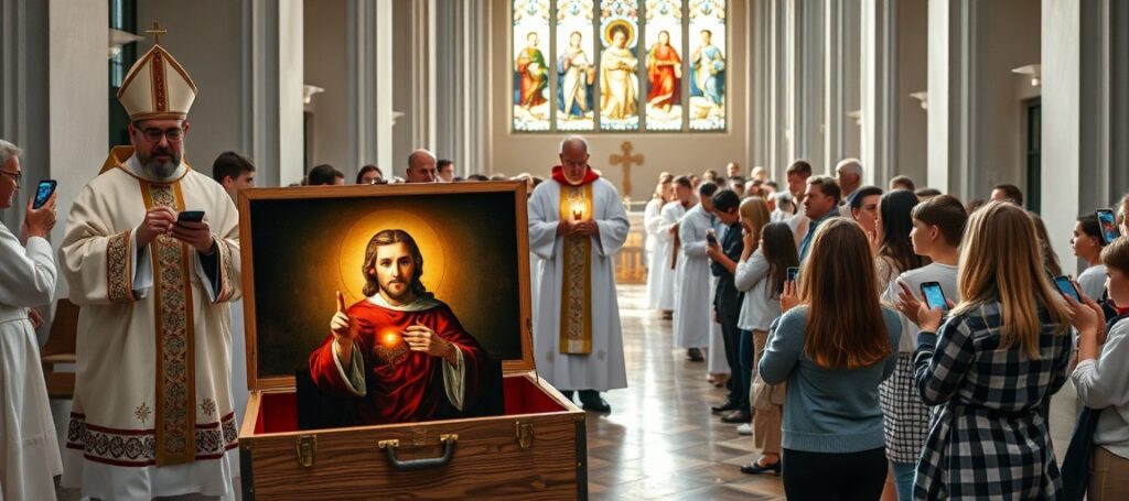 Msza nowego porządku wiedeńskiej pielgrzymki z fałszywym świętym Acutisem i obrazem Caravaggia pokazującym smartfony