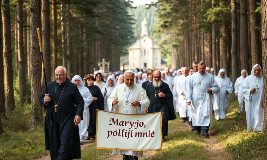 Pielgrzymka z katedry bydgoskiej do Sanktuarium Zawierzenia na Piaskach. Wierni w tradycyjnych strojach religijnych idą przez las w kierunku sanktuarium.