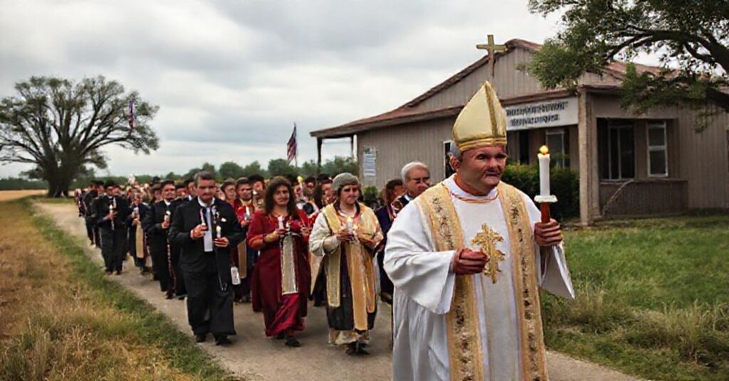 Pielgrzymka katolicka w Teksasie z modlącymi się wiernymi i księdzem w ornaty przesuwającymi się obok budynku hrabstwa z tablicą 'Hrabstwo Howard - Azyl dla Nienarodzonych Ordynacja'