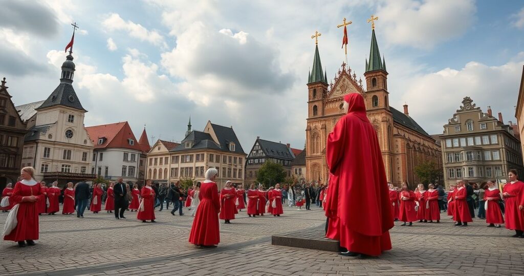 Realistyczny obraz katolickiej pielgrzymki w Częstochowie, ukazujący wiernych w modlitwie przed obrazem Matki Bożej, z kapłanem w sutannie, w historycznym sanktuarium, pełen powagi i duchowej głębi.