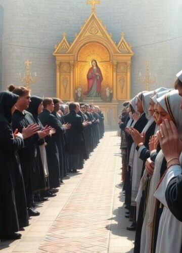 Katolicka pielgrzymka na Jasnej Górze - obraz duchowej pobożności Realistyczny obraz katolickiej pielgrzymki na Jasnej Górze, przedstawiający modlących się pielgrzymów w tradycyjnych strojach, w skupieniu przed sanktuarium, ukazując atmosferę pobożności i religijnego uniesienia.