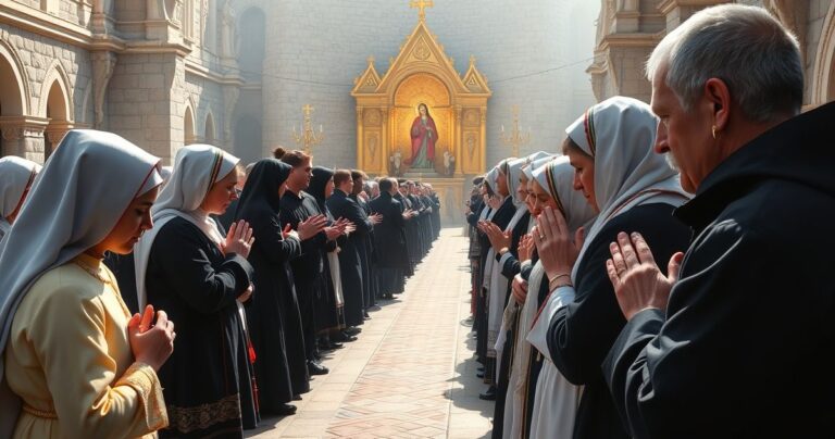Realistyczny obraz katolickiej pielgrzymki na Jasnej Górze, przedstawiający modlących się pielgrzymów w tradycyjnych strojach, w skupieniu przed sanktuarium, ukazując atmosferę pobożności i religijnego uniesienia.