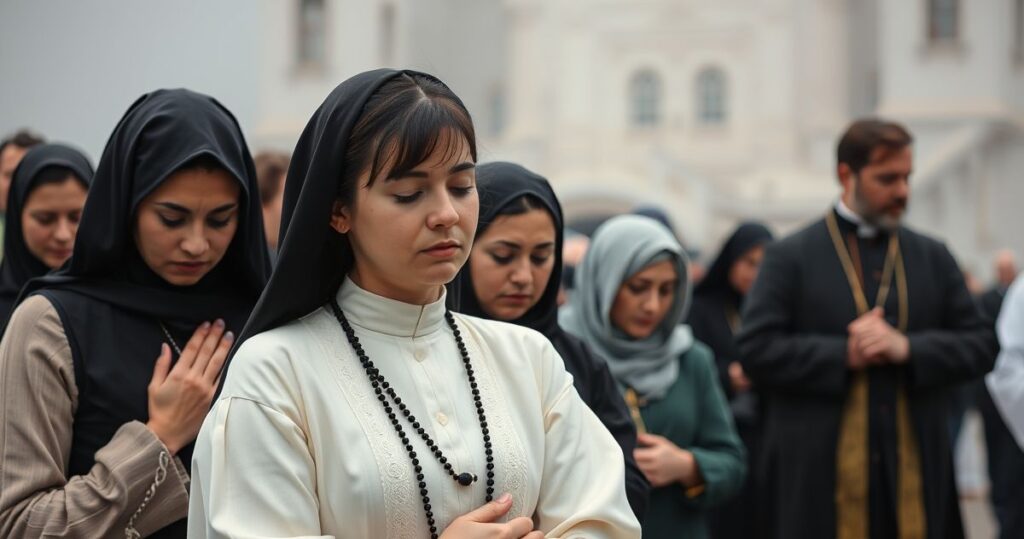 Rekolekcjonistyczna scena pielgrzymów w sanktuarium Jasna Góra, skupionych na modlitwie i pokorze w tradycyjnym katolickim stylu
