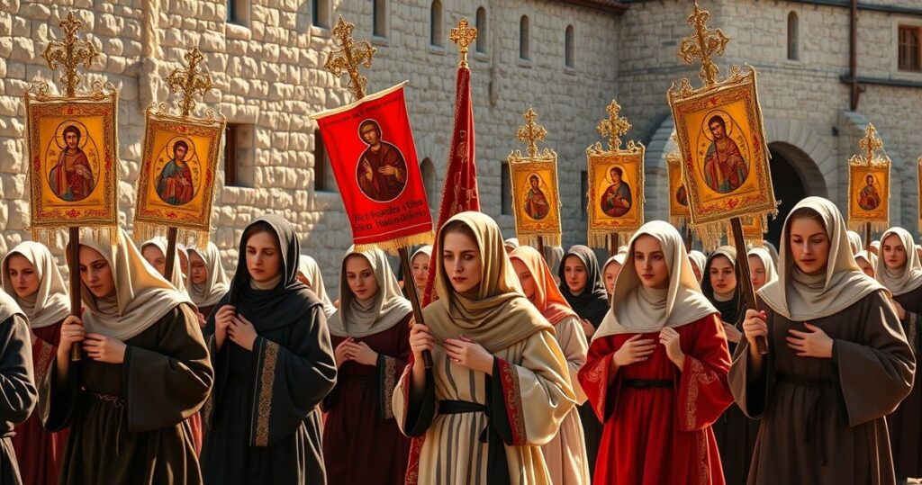 Fotografia realistyczna pątników katolickich na pielgrzymce do Jasnej Góry w duchu czci i modlitwy, ukazująca głębię religijnej pobożności i autentycznego kultu Matki Bożej.
