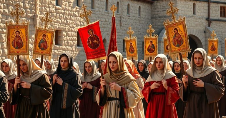 Fotografia realistyczna pątników katolickich na pielgrzymce do Jasnej Góry w duchu czci i modlitwy, ukazująca głębię religijnej pobożności i autentycznego kultu Matki Bożej.
