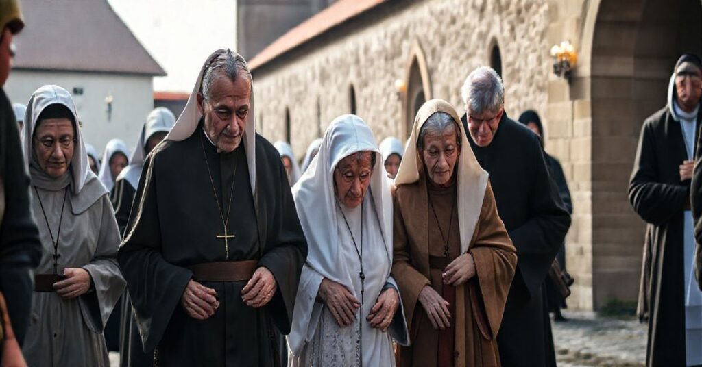 Realistyczne zdjęcie pielgrzymów z niepełnosprawnościami na Jasnej Górze, wspieranych przez wolontariuszy, ukazujące skupienie i pokorę w duchu człowieczej solidarności